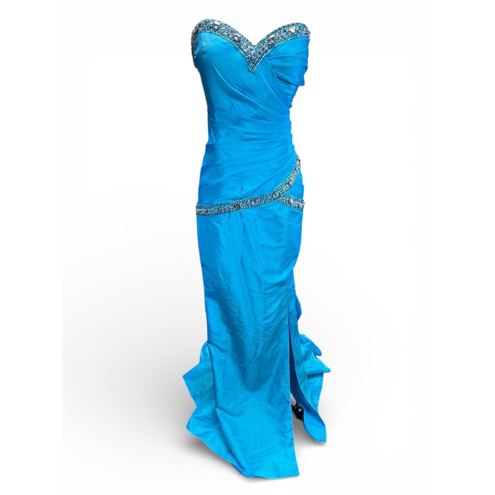 Kiss Kiss Formal Gown Womens 14 Turquoise Blue‎ Beaded Ruched Prom Dress HOCO